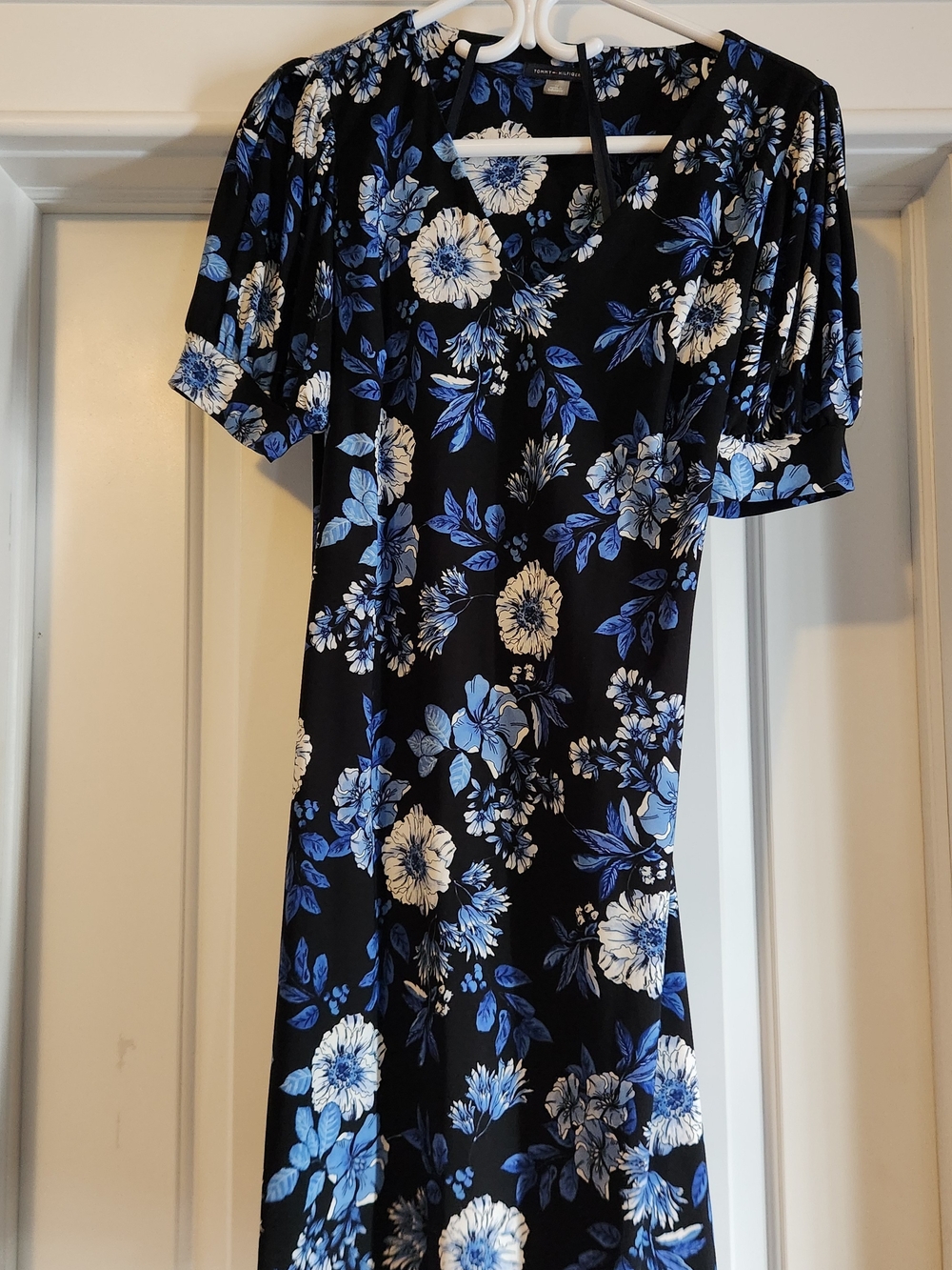 Tommy Hilfiger Black Midi Dress with Blue and White Floral Print